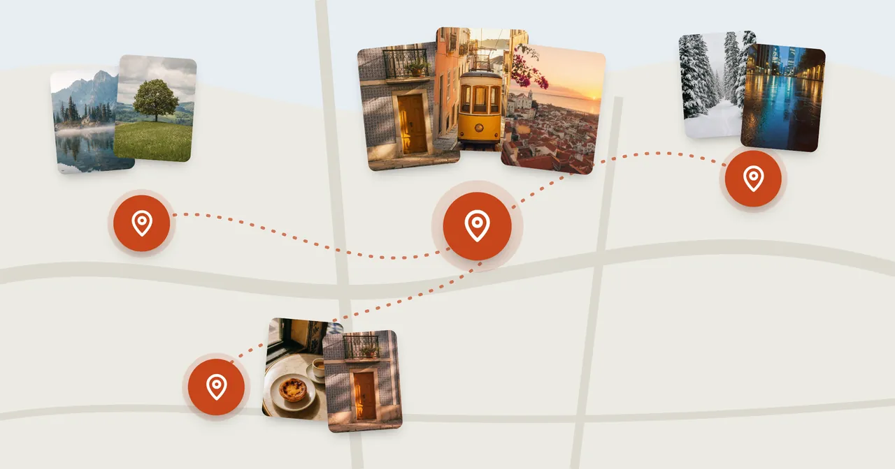 Illustration: a simple map with four pins and a small stack of photos by each pin.