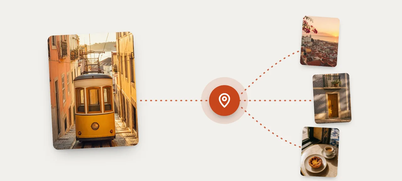 Illustration: one photo, the place it was taken, and other photos taken nearby.