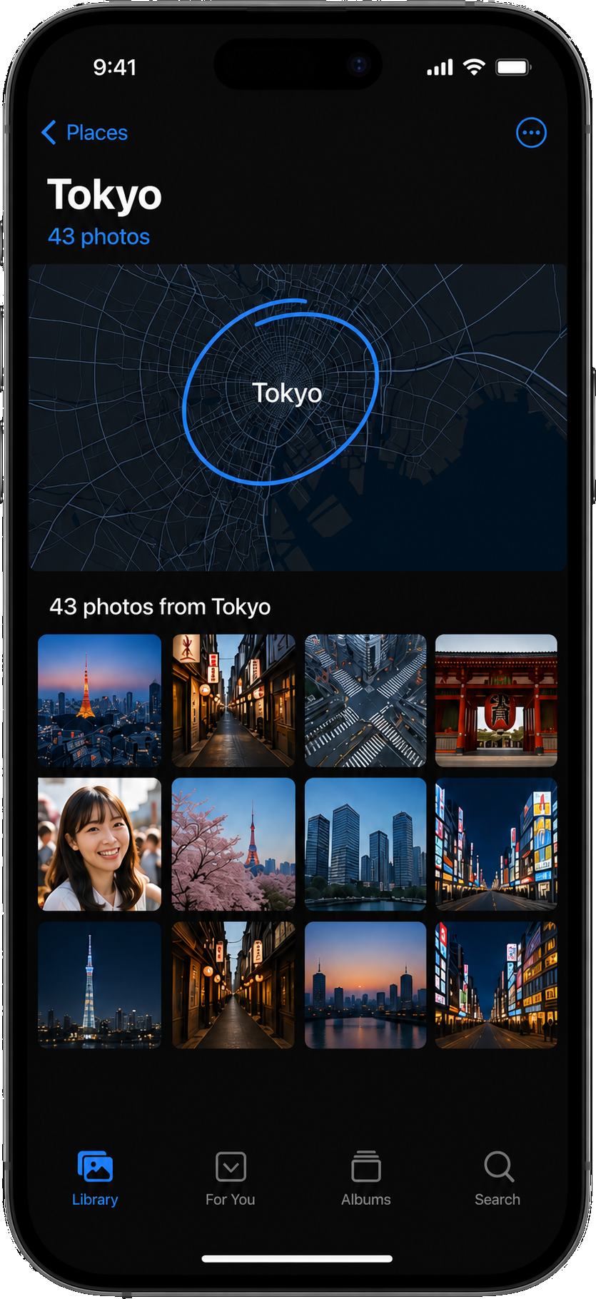MemoryPlaces showing the Tokyo place creation screen with a radius on the map