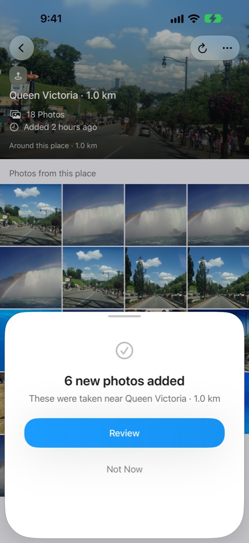 Refresh result: 6 new photos added, with Review and Not Now buttons